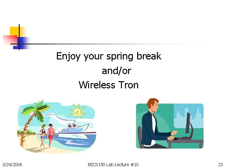 Enjoy your spring break and/or Wireless Tron 3/24/2006 EECS 150 Lab Lecture #10 23