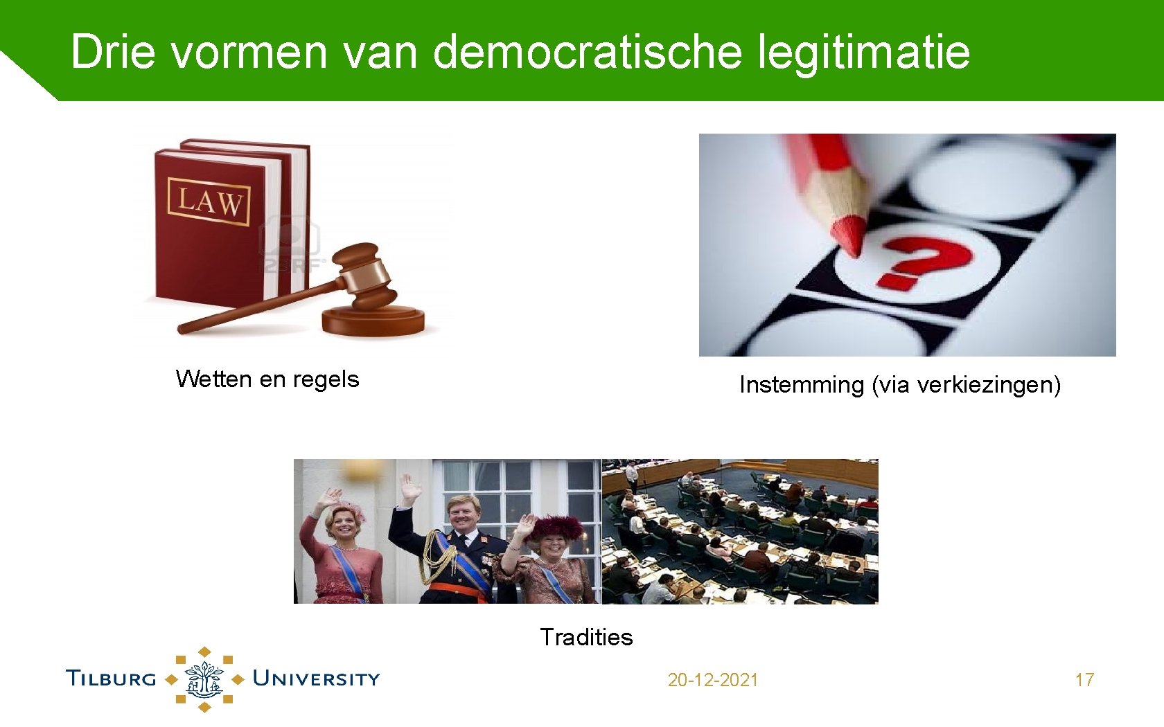 Drie vormen van democratische legitimatie Wetten en regels Instemming (via verkiezingen) Tradities 20 -12