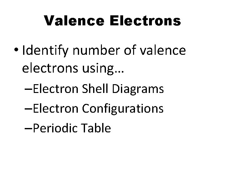 Valence Electrons • Identify number of valence electrons using… –Electron Shell Diagrams –Electron Configurations Valence Electrons • Identify number of valence electrons using… –Electron Shell Diagrams –Electron Configurations