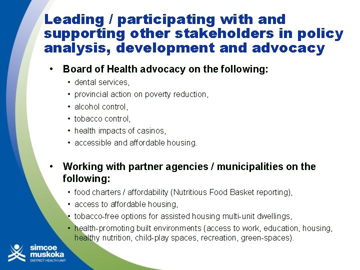 Leading / participating with and supporting other stakeholders in policy analysis, development and advocacy