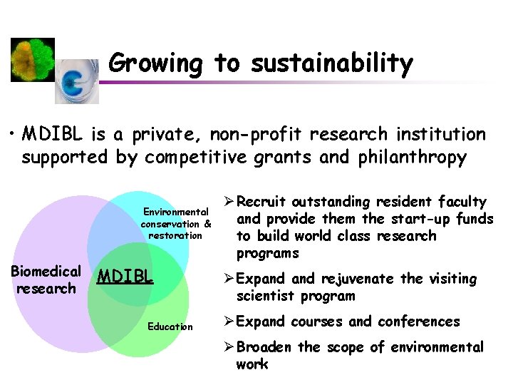 Growing to sustainability • MDIBL is a private, non-profit research institution supported by competitive