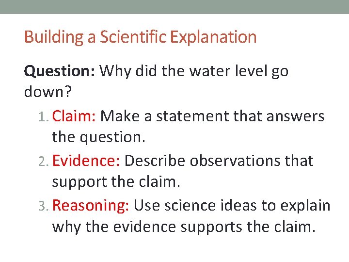 Building a Scientific Explanation Question: Why did the water level go down? 1. Claim: