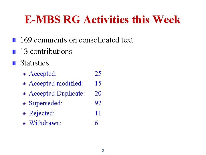 E-MBS RG Activities this Week 169 comments on consolidated text 13 contributions Statistics: Accepted