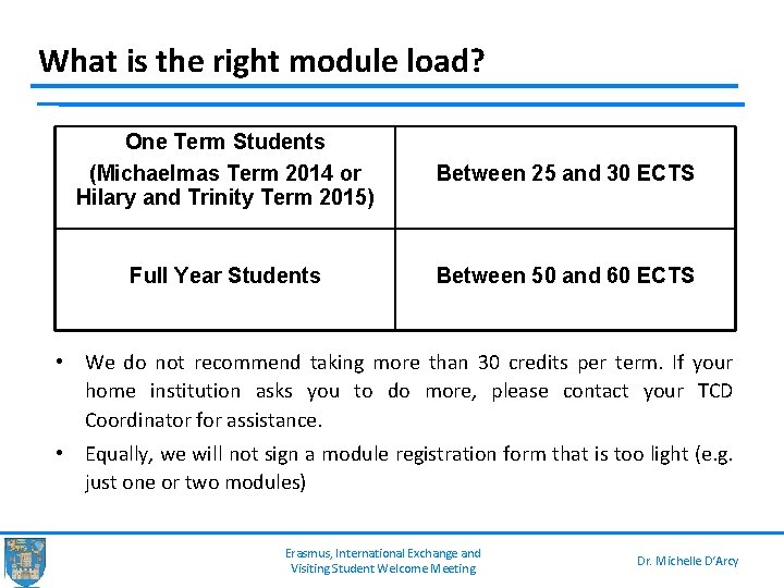 What is the right module load? One Term Students (Michaelmas Term 2014 or Hilary