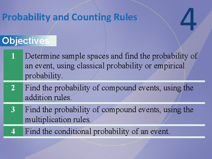 Probability and Counting Rules Objectives 1 2 3 4 4 Determine sample spaces and Probability and Counting Rules Objectives 1 2 3 4 4 Determine sample spaces and