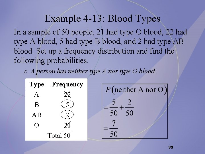 Example 4 -13: Blood Types In a sample of 50 people, 21 had type Example 4 -13: Blood Types In a sample of 50 people, 21 had type