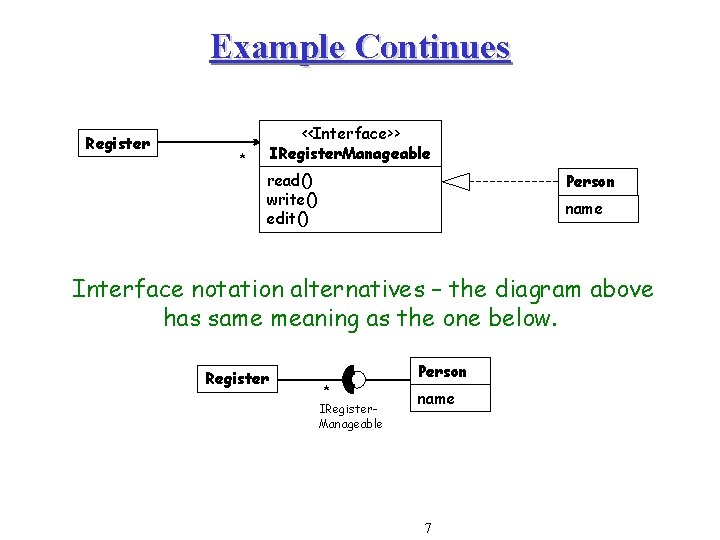 Example Continues Register <<Interface>> IRegister. Manageable * read() write() edit() Person name Interface notation Example Continues Register <<Interface>> IRegister. Manageable * read() write() edit() Person name Interface notation