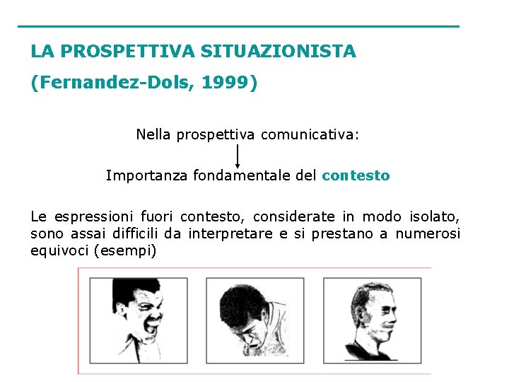 LA PROSPETTIVA SITUAZIONISTA (Fernandez-Dols, 1999) Nella prospettiva comunicativa: Importanza fondamentale del contesto Le espressioni