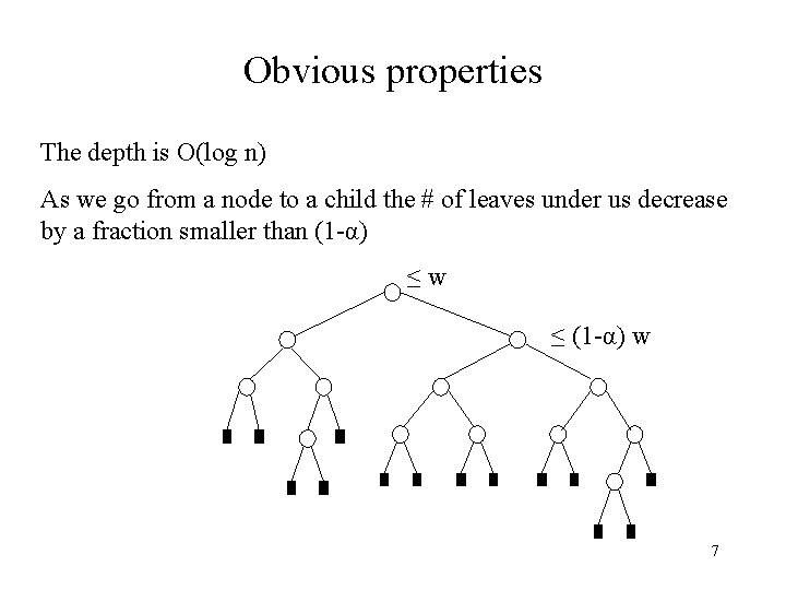 Obvious properties The depth is O(log n) As we go from a node to