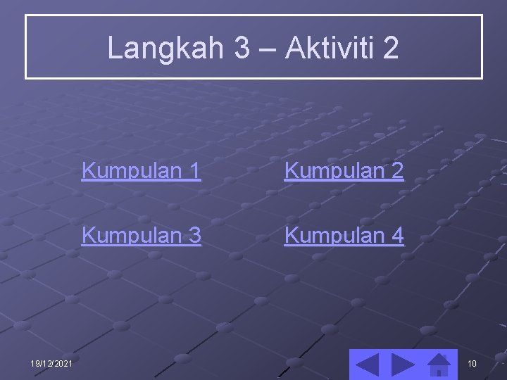 Langkah 3 – Aktiviti 2 19/12/2021 Kumpulan 2 Kumpulan 3 Kumpulan 4 10 