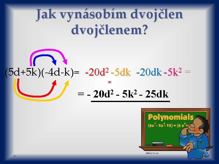 Jak vynásobím dvojčlenem? (5 d+5 k)(-4 d-k)= -20 d 2 -5 dk -20 dk