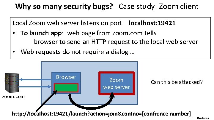 Why so many security bugs? Case study: Zoom client Local Zoom web server listens