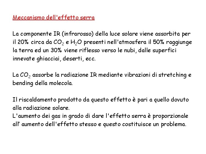 Meccanismo dell'effetto serra La componente IR (infrarosso) della luce solare viene assorbita per il