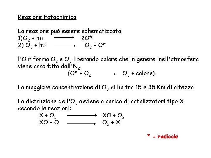 Reazione Fotochimica La reazione può essere schematizzata 1)O 2 + hu 2 O* 2)