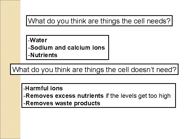 What do you think are things the cell needs? -Water -Sodium and calcium ions