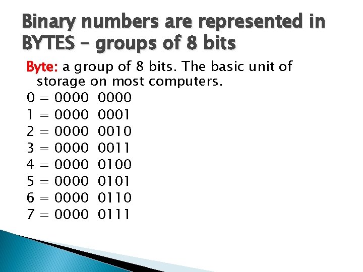 Binary numbers are represented in BYTES – groups of 8 bits Byte: a group