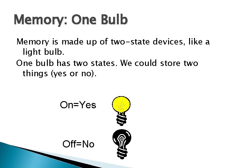 Memory: One Bulb Memory is made up of two-state devices, like a light bulb.