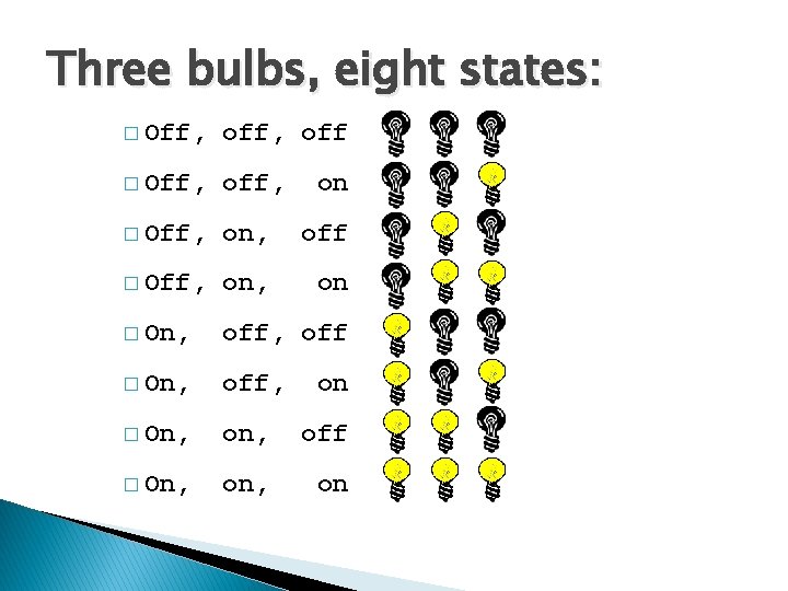 Three bulbs, eight states: � Off, off, off � Off, off, � Off, on,