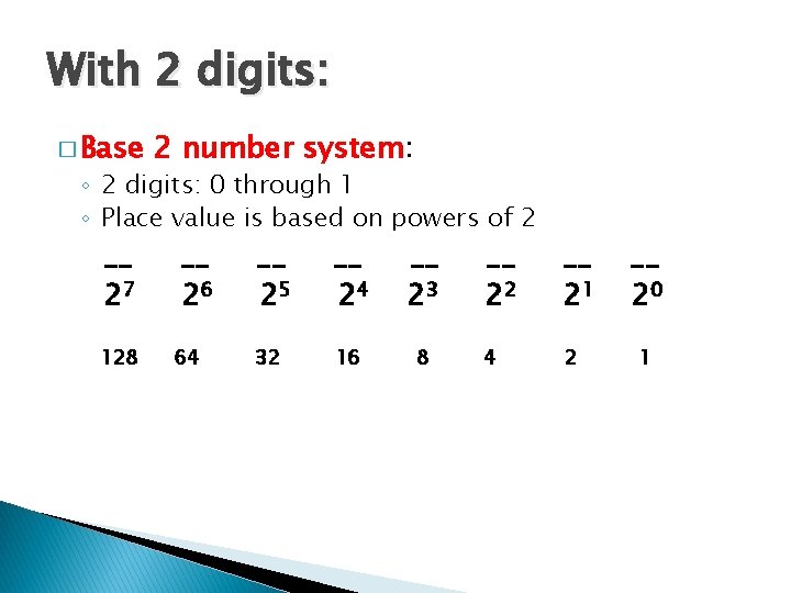 With 2 digits: � Base 2 number system: ◦ 2 digits: 0 through 1