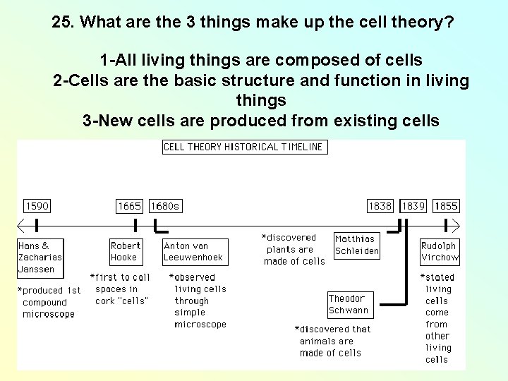 25. What are the 3 things make up the cell theory? 1 -All living 25. What are the 3 things make up the cell theory? 1 -All living