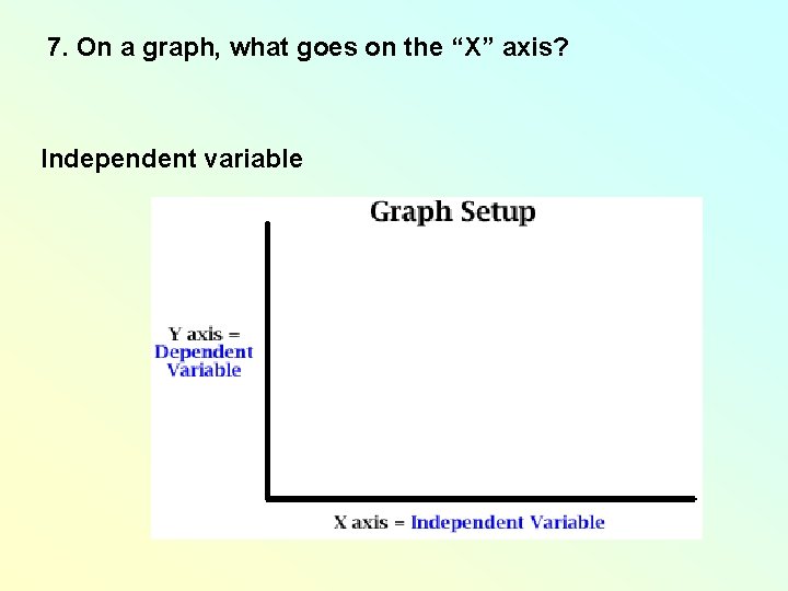7. On a graph, what goes on the “X” axis? Independent variable 7. On a graph, what goes on the “X” axis? Independent variable