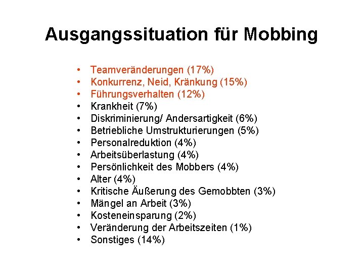 Ausgangssituation für Mobbing • • • • Teamveränderungen (17%) Konkurrenz, Neid, Kränkung (15%) Führungsverhalten