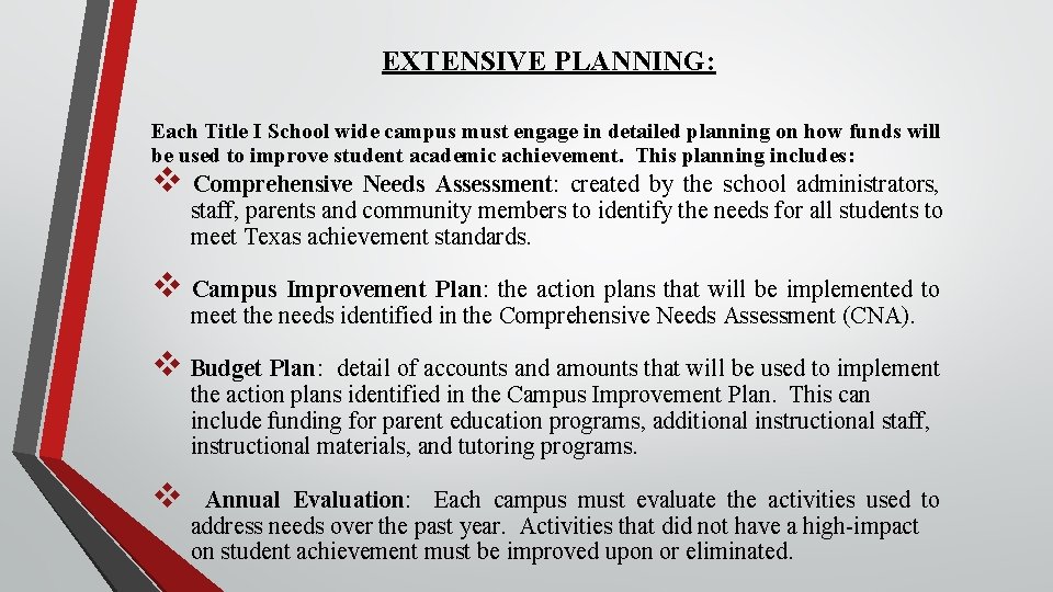 EXTENSIVE PLANNING: Each Title I School wide campus must engage in detailed planning on