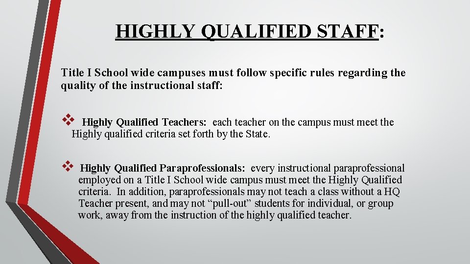 HIGHLY QUALIFIED STAFF: Title I School wide campuses must follow specific rules regarding the