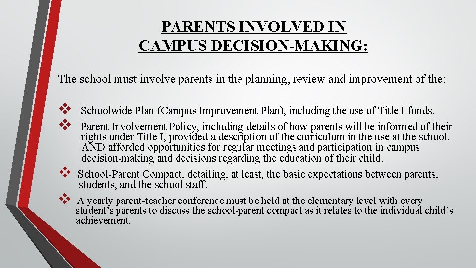 PARENTS INVOLVED IN CAMPUS DECISION-MAKING: The school must involve parents in the planning, review