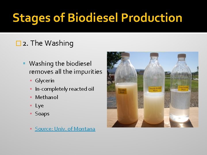 Stages of Biodiesel Production � 2. The Washing the biodiesel removes all the impurities