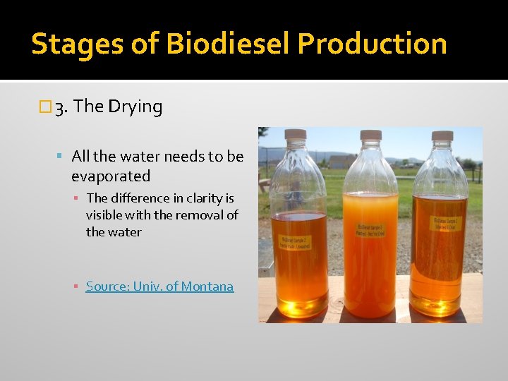 Stages of Biodiesel Production � 3. The Drying All the water needs to be