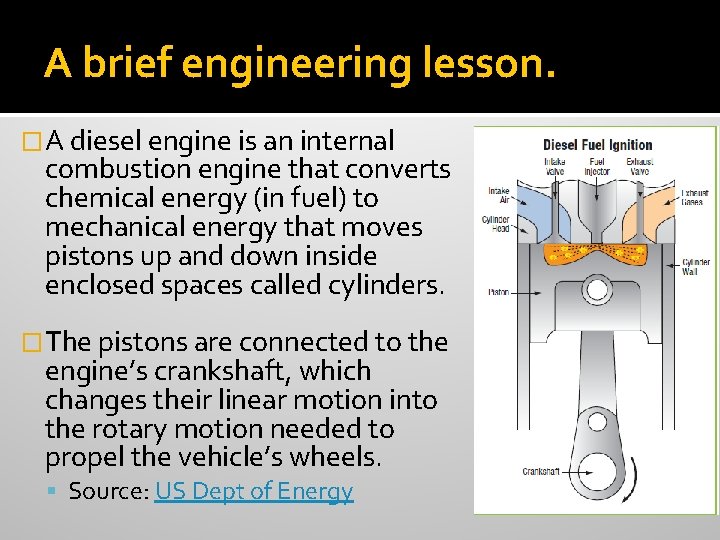 A brief engineering lesson. �A diesel engine is an internal combustion engine that converts