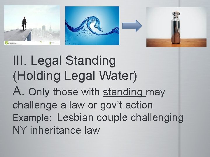 III. Legal Standing (Holding Legal Water) A. Only those with standing may challenge a