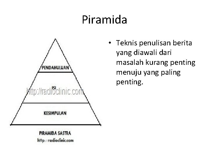 Piramida • Teknis penulisan berita yang diawali dari masalah kurang penting menuju yang paling