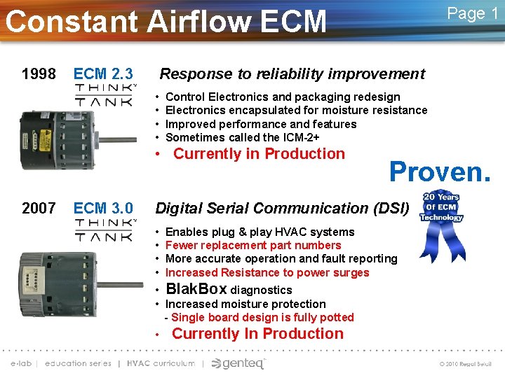 Page 1 Constant Airflow ECM 1998 ECM 2. 3 Response to reliability improvement •