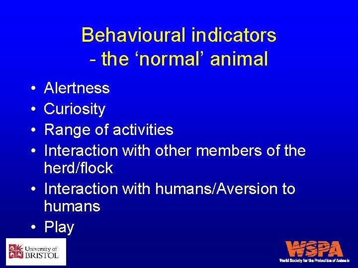 Behavioural indicators - the ‘normal’ animal • • Alertness Curiosity Range of activities Interaction