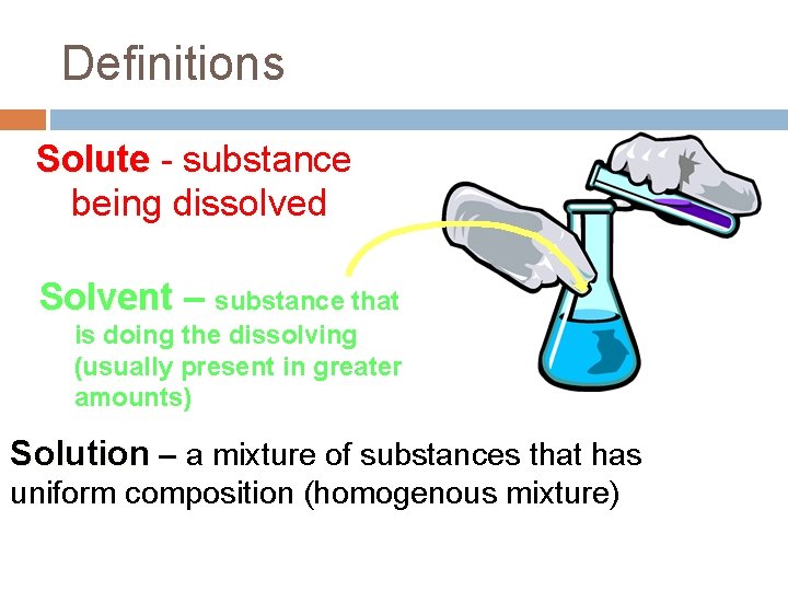 Definitions Solute - substance being dissolved Solvent – substance that is doing the dissolving