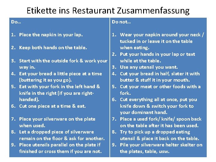 Etikette ins Restaurant Zusammenfassung Do… 1. Place the napkin in your lap. 2. 3.