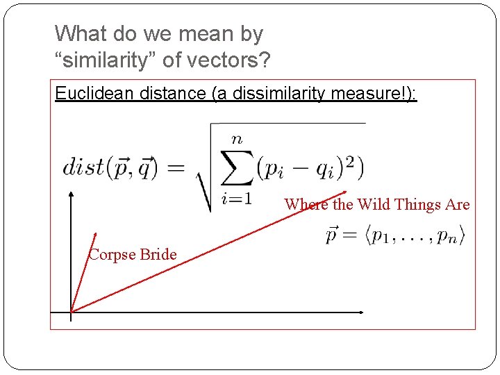 What do we mean by “similarity” of vectors? Euclidean distance (a dissimilarity measure!): Where