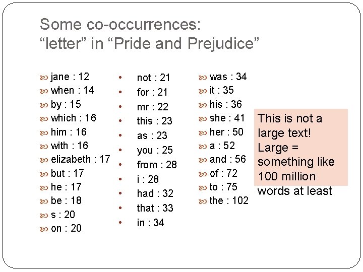 Some co-occurrences: “letter” in “Pride and Prejudice” jane : 12 • when : 14