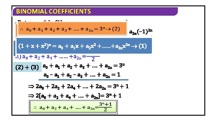 BINOMIAL COEFFICIENTS Put x = – 1 in (1) (1– 1+1)n = a 0