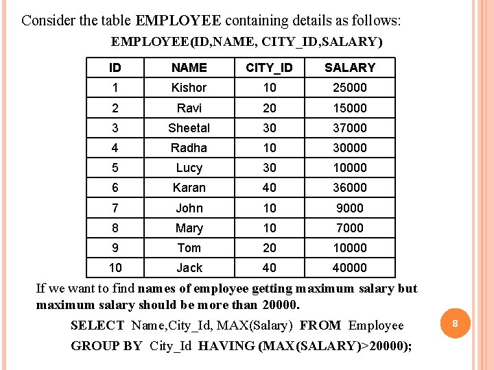 Consider the table EMPLOYEE containing details as follows: EMPLOYEE(ID, NAME, CITY_ID, SALARY) ID NAME