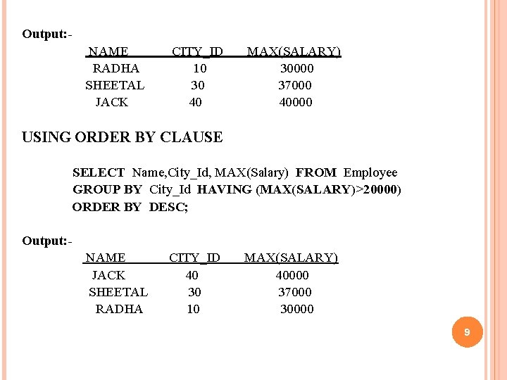Output: NAME RADHA SHEETAL JACK CITY_ID 10 30 40 MAX(SALARY) 30000 37000 40000 USING