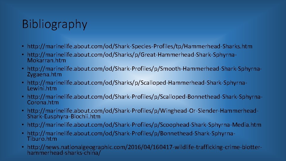 Bibliography • http: //marinelife. about. com/od/Shark-Species-Profiles/tp/Hammerhead-Sharks. htm • http: //marinelife. about. com/od/Sharks/p/Great-Hammerhead-Shark-Sphyrna. Mokarran. htm