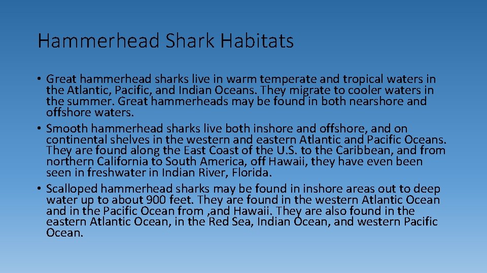 Hammerhead Shark Habitats • Great hammerhead sharks live in warm temperate and tropical waters