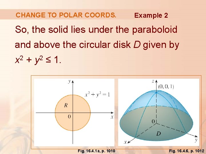 CHANGE TO POLAR COORDS. Example 2 So, the solid lies under the paraboloid and