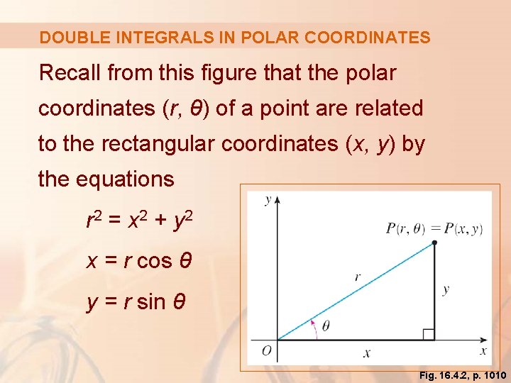 DOUBLE INTEGRALS IN POLAR COORDINATES Recall from this figure that the polar coordinates (r,