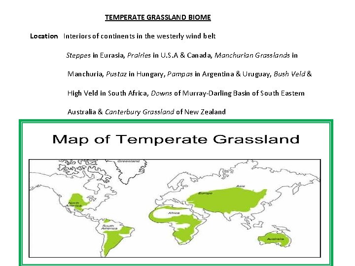 TEMPERATE GRASSLAND BIOME Location Interiors of continents in the westerly wind belt Steppes in