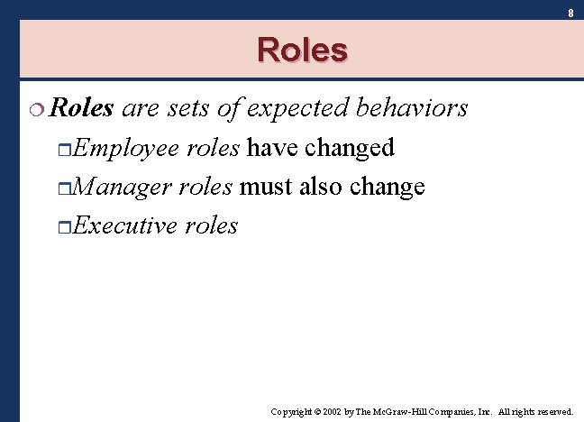 8 Roles ¦ Roles are sets of expected behaviors r. Employee roles have changed