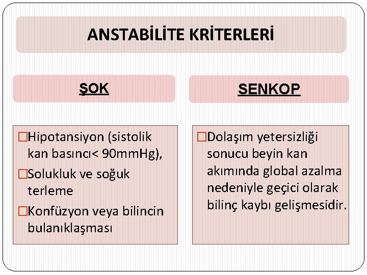 ANSTABİLİTE KRİTERLERİ ŞOK �Hipotansiyon (sistolik kan basıncı< 90 mm. Hg), �Solukluk ve soğuk terleme